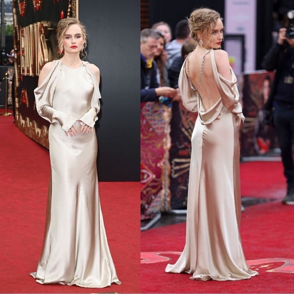 SIMKHAI Caitlyn Off-Shoulder Satin Gown